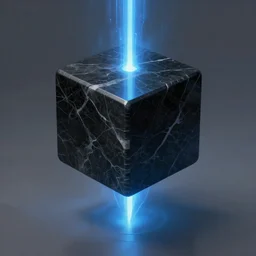 big black marble cube, levitating. vertical blue beam of light, flux. fantasy, digital painting, hd, detailed.