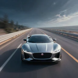 futuristic jaguar marque car driving on space highway. linear perspective. vanishing point. super highway. high speed. digital painting. digital render. beeple. noah bradley. cyril roland. ross tran. trending on artstation.