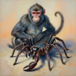 painting of hybrid between monkey & tarantula & scorpion & ant, intercrossed animal, by zdzislaw beksinski, by lewis jones, by mattias adolfsson, cold hue's, warm tone gradient background, concept art, beautiful composition, digital painting