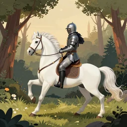 knight rides a white unicorn into a forest clearing, digital illustration, radiant evening light, by greg rutkowski