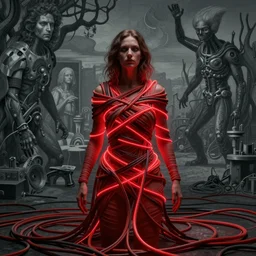 photo of a woman wrapped around by tubes and cables, glowing red, by Edgar Maxence and Ross Tran, Zdzisław Beksiński, and Michael Whelan, distant, gustav dore, H.R. Giger, 8k, octane render