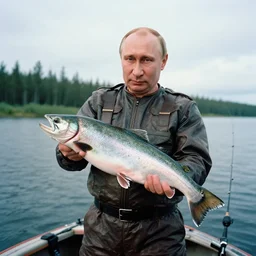 7 0 s movie still of putin in fetish outfit, proudly holding a salmon on a fishing trip in siberia. cinestill 8 0 0 t _ 3 5 mm eastmancolor, heavy grain, high quality, high detail