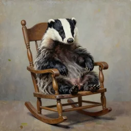 A portrait of an old badger sitting on a rocking chair, oil painting