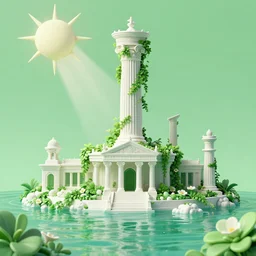 a matte painting of a green water city of Atlantis grec greeble temple olymp glory in sun shaft zeus sky tower statue pantheon ivy plant grow flower in white marble gold incrusted of legends adn red flag dynasty by Frank Lloyd Wright and Zaha Hadid torch volume light stylized illustration  3d rim light, hyperrealistic masterpiece, artstation, cgsociety, kodakchrome, golden ratio