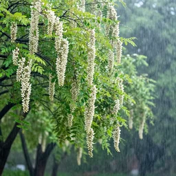 a blooming Robinia pseudoacacia in the rain, atmospheric, beautiful, high resolution, award winning photo, trending on Pinterest