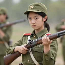 Young Chinese female soldier holding a flintlock rifle