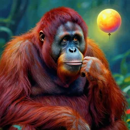 A psychedelic portrait of orang-utan pondering orb, vibrant color scheme, highly detailed, in the style of romanticism, cinematic, artstation, Moebius, Greg rutkowski
