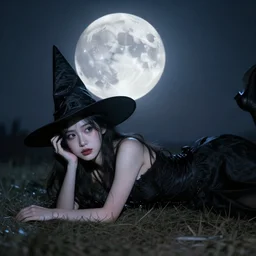 witch laying on stomach face towards you under a full moon