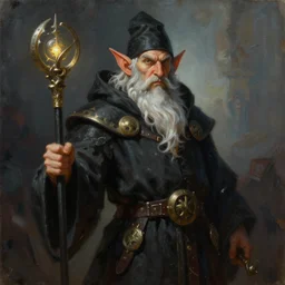 a detailed portrait painting of a male gnome sorcerer in dark robe, portrait fantasy art, dungeons and dragons character art, warcraft art, in the style of frank frazetta