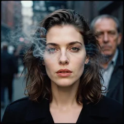 portrait of a woman in a smoky new york back street ,by Annie Leibovitz and Steve McCurry, natural light, detailed face, CANON Eos C300, ƒ5.6, 50mm, 8K, medium-format print