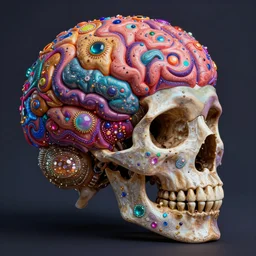 beautiful matte painting of psychedelic brain in a glittering jewelled skull by dan mumford and alex gray and lisa frank, HDR, vivid color, CGsociety
