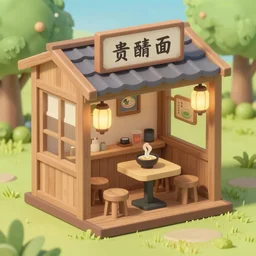outside view of miniature classy wooden ramen shop with chinese lamps, table and stools, situated in a park, studio ghibli style, hayao miyazaki drawings, spirited away, clean, low poly art, detailed, isometric view, artstation, behance, global illumination, 3 d illustration, kawaii, pastel colors