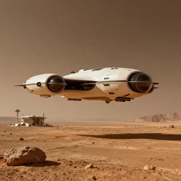 A futuristic flying vehicle hovering the surface of Mars. Mars colony on the background, wide angle, low angle shot, mood lighting, Behance, digital art in the style of Oblivion movie, by Beeple, trending on Artstation
