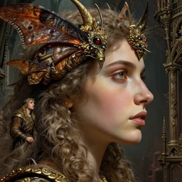 closeup profile medieval nicoletta ceccoli, mark ryden, lostfish, hyung tae, frank frazetta, face portrait of fuzzy kaiju moth dragons marriage portrait, depth of field, detailed and intricate gothic environment, 8 k resolution, hyperrealistic, octane render