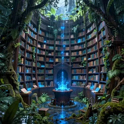 a ( ( decaying magical library ) ) with a rainforest growing inside, raining, highly detailed, intricate detail, blue magical lighting, dramatic scenery, beautiful 3 d rendering, octane render, trending on artstation, by greg rutkowski and simon stalenhag