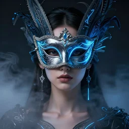 centered portrait of a beautiful half - masked woman wearing a venetian mask, intricate concept art, ethereal, highly detailed, artstation, smooth, sharp focus, mist, volumetric lighting, darksynth, illuminated blue neon lines, outrun, vaporware, octane render, 8 k, by ruan jia and ilya kuvshinov and liam wong and alphonse mucha