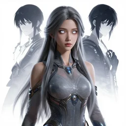 a himalayan woman, young and beautiful, sci - fi fantasy dress, white eyes, long ash hair, detailed perfect face, psychic magic, mid view, design on a white background, by studio muti, greg rutkowski makoto shinkai takashi takeuchi artgerm, realistic 3 d render, high ocane render, dramatic light