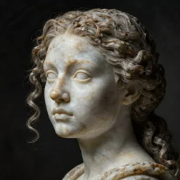 a young woman's face in profile, curly hair made of marble, in the style of the dutch masters and gregory crewdson, dark and moody