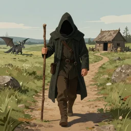 a man walking along a field path a man wearing a long coat covering his head,, illustration, a man holding a long stick in his hand, a man holding a long stick in his hand, mysterious traveler mysterious past, there is a distant tavern in the background. medieval times, the atmosphere of warriors and dragons