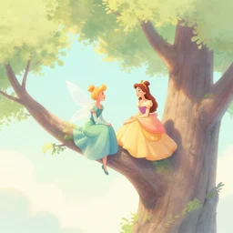 a fairy and a disney princess having a conversation on top of a tall tree, aesthetic, pastel style, pastel coloring, beautiful angle