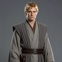 star wars art portrait by greg rutkowski, young jedi knight, german features, short blond hair, straight jaw, manly, tall, wearing gray jedi robes, artstation hq.