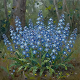 a myosotis flowers in shape of long forest, oil on canvas by rob gonsalves