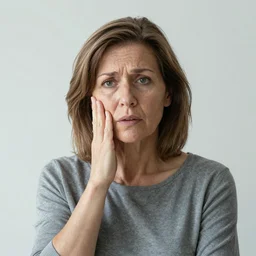 realistic, portrait of a 55-years old woman not knowing what to say