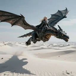 daenerys from game of thrones flies on a dragon over snow desert