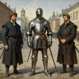 a medieval knight standing on a street in Pripyat intricate painting by john william waterhouse and Edwin Longsden Long and Theodore Ralli and William-Adolphe Bouguereau, very coherent symmetrical artwork. Cinematic, hyper realism, high detail 8k