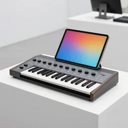dezeen showroom, minimalissimo, archdaily,, teenage engineering moad, mother of all decks, product design concept, product shot of moog melotron synthesizer designed with ipad gradient screens by jony ives, dieter rams, 8 k, highly detailed photo