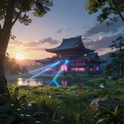 a beautiful hyperdetailed render of temple building by i. m. pei, tokyo neon signs laser at dawn anime morning sun tron myst nightvision lightpaint forest meadow dramatic lighting landscape sunlight nightsky nature lake, archdaily, wallpaper, highly detailed, trending on artstation.