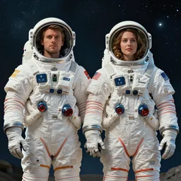 1 9 4 0 s poster art style, man and woman in space suits holding hands, looking away from camera