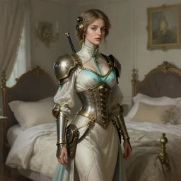 woman model, steampunk!!!!!!!!, neutral colors, cyan light, in a bedroom!!!!!!!!!, elegant, highly detailed, digital painting, artstation, concept art, smooth, sharp focus, illustration, art by krenz cushart and artem demura and alphonse mucha