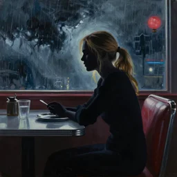 silhouette of Elle Fanning alone in a diner, stormy weather, extremely detailed masterpiece, oil on canvas, low-key neon lighting, artstation, Blade Runner 2049, Roger Deakin’s cinematography, by J. C. Leyendecker and Peter Paul Rubens,
