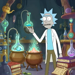 wizard's laboratory, full of strange and magical equipment, bubbling cauldrons and books of ancient spells, style of Rick & Morty cartoon animation