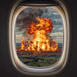 The end of the word, huge fire, airplane window view, matte painting, ilya kuvshinov landscape, very detailed, ArtStation