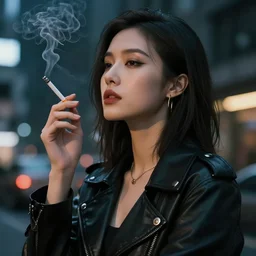 cyberpunk woman in a city smoking a cigarette