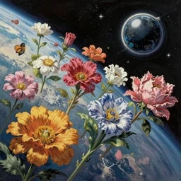 An epic fantastic realism comic book style painting of the most beautiful flowers launched into space, bouquets hurdling toward the nearest star, fisheye lens, unreal 5, DAZ, hyperrealistic, octane render, dynamic lighting