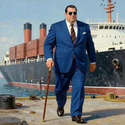 A large man in a blue pinstripe suit with a cane stepping off of a cargo ship onto the docks, art, painting, villain