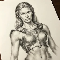 a realistic pencil drawing of a female valkryie, extremely pronounced nordic feminine features, midriff, ornate metal chest plate, low dutch angle, face in focus, natural lighting, realism, feminine and muscular