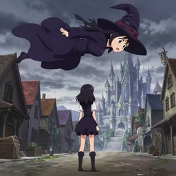 anime frames, anime visual, full body portrait of a young woman in the medieval city square looking at the fantasy palace in the distance, cute face by ilya kuvshinov, flying witch anime, dynamic pose, dynamic perspective, rounded eyes, moody, psycho pass, kyoani, yoh yoshinari