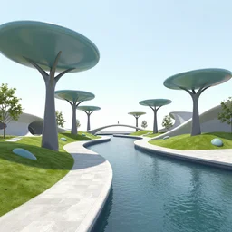 futuristic utopian public space, walkways above canals, structures like dr seuss lorax trees, simple image composition