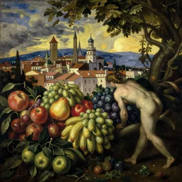 city of fruits. painting by giuseppe arcimboldo.