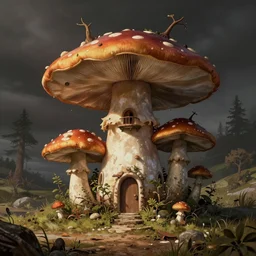 a mushroom house in the middle of nowhere. detailed fantasy art, by ferdinand knab, simon stalenhag and beeple, and cyril rolando, doodle addicts