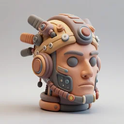 a glossy claymodel of a dieselpunk aztec futuristic robot head with eeg probes, 8 k, front shot, symetrical, flourescent colors, halluzinogenic, multicolored, insanely detailed, 3 d render, octane