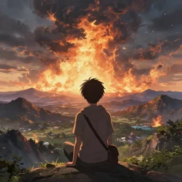 anime character watching an apocalyptic landscape with mountains and the clouds are burning, hyperrealistic, trending on pixiv fanbox
