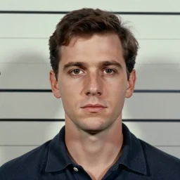 Mugshot Portrait of Young Saul Goodman, taken in the 1970s, photo taken on a 1970s polaroid camera, grainy, real life, hyperrealistic, ultra realistic, realistic, highly detailed, epic, HD quality, 8k resolution, body and headshot, film still, front facing, front view, headshot and bodyshot, detailed face, very detailed face