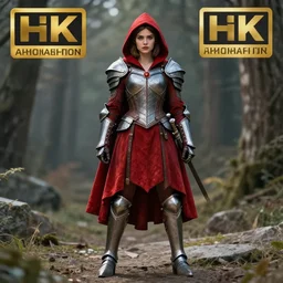 full body photo red riding hood alexandra daddario armoured warrior, highly detailed, 4k, HDR, award-winning photo