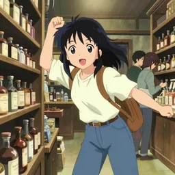 anime visual, portrait of a young female traveler shopping in a alchemist's potion shop interior, cute face by ilya kuvshinov, yoh yoshinari, makoto shinkai, dynamic pose, dynamic perspective, cel shaded, flat cel shading mucha, rounded eyes, crisp smooth clean lines, dramatic