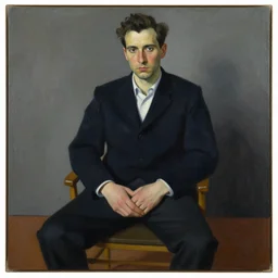 painting of a man sitting on a chair, staring at you, by georg baselitz